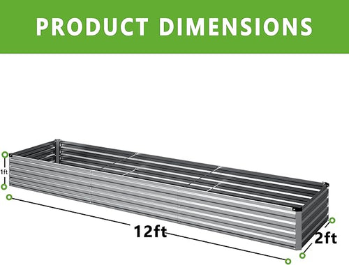 12x2x1FT Galvanized Raised Garden Bed Kit,Vegetable Boxes-Rectangle Metal Flower Box,Large Planter Raised Beds Outdoor Garden for Planting,Fruit,Herb-Silver