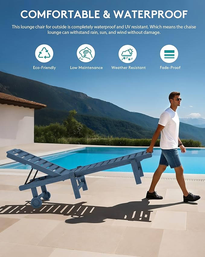 SERWALL Outdoor Chaise Lounge Set of 8, HDPE Pool Lounge Chairs with 5-Position Adjustable Backrest, Patio Loungers with Rolling Wheels & Cup Holder for Pool Sunbathing, Navy