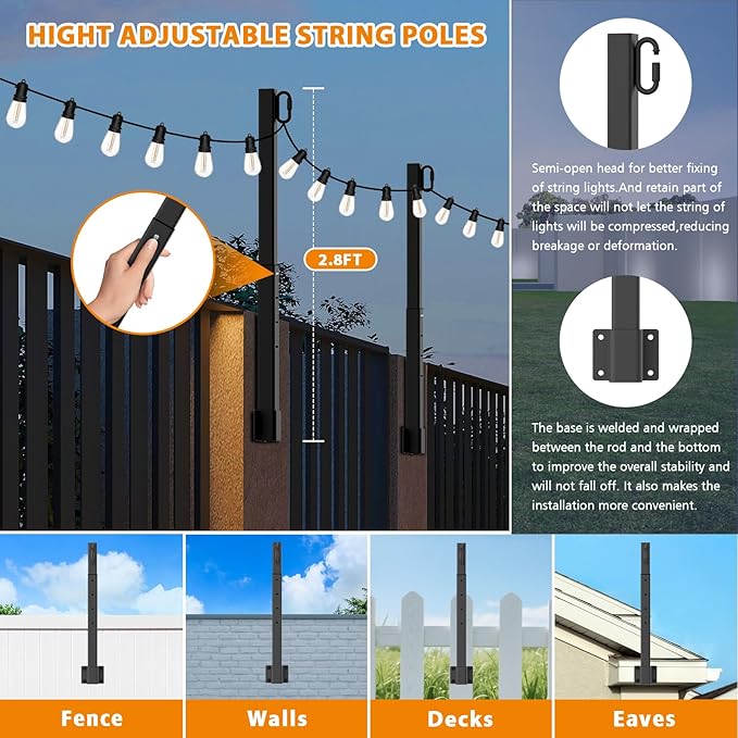 AILBTON 6 Pack 2.8Ft String Light Poles,Light Poles for Outside String Lights,Outdoor Light Poles with Fence Bracket,Metal Pole Stand for Patio,Backyard,Deck