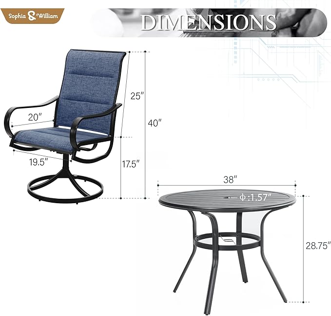 Sophia & William 7 Pieces Outdoor Patio Dining Set, 6 x Swivel Patio Dining Chairs and 54" Large Round Metal Dining Table, Outdoor Table and Chair Furniture Dining Set Support 300lbs（Blue）