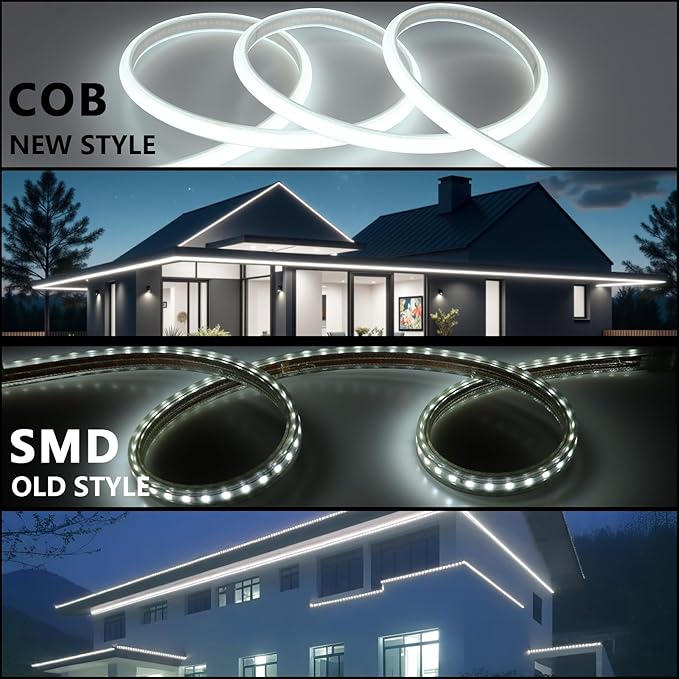 AC 110V COB LED Strip Lights Outdoor Waterproof 65.6ft, 6000K Cool White Super Bright 200W CRI 90+ LED Rope Light, IP65 Flexible Cuttable, for Bedroom Garden Commercial House