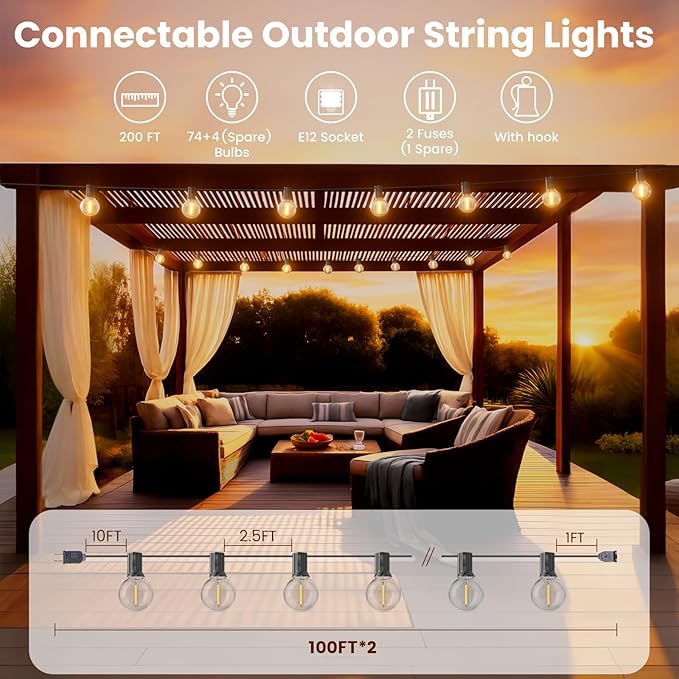 RTTY Classic Series 200FT Outdoor String Lights Expandable System with 74 G40 Bulbs (2x100FT) - for Sprawling Properties, Large Commercial Patios, or Dual-Zone Backyard & Event Lighting
