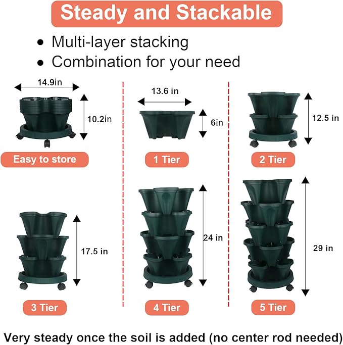 GameXcel Vertical Planter 5 Tier Stackable Planters Garden Planters Strawberry Herb Flower and Vegetable Planter Indoor Outdoor Gardening Pots with Removable Wheels and Tools 2-Pack