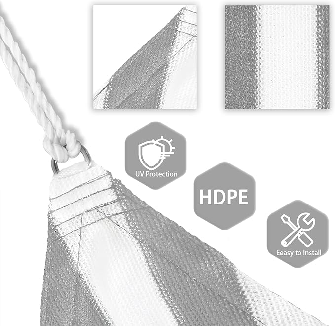 Patio Paradise 15' x 15' x 15' Sun Shade Sail Triangle Canopy Shade Cloth Fabric Sunlight Block Patio Pergola Cover HDPE Deck Awning for Outdoor Backyard Roof Shading, Gray White Strip