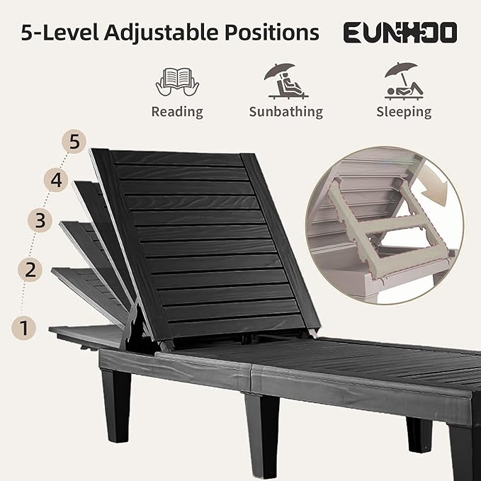 Chaise Lounge Outdoor Set of 4,Adjustable Pool Lounge Chair with 5 Positions Backrest, Waterproof Sun Loungers for Garden Pool Beach Patio Deck Sunbathing.Black