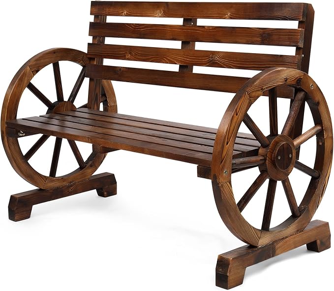 VINGLI Rustic Wooden Wheel Bench Outdoor Bench, Patio Bench Wagon Slatted Seat, Garden Benches for Outdoors 350lbs High Capacity, Weather Resistance (Rustic, 41in)