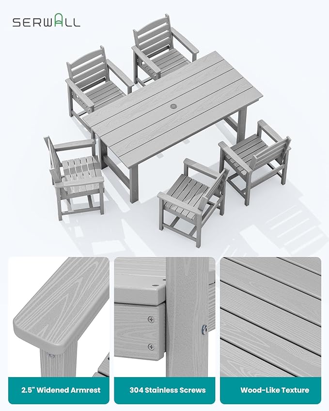 SERWALL 67" Outdoor Dining Table - HDPE All-Weather Rectangular Patio Table with Umbrella Hole, Light Gray