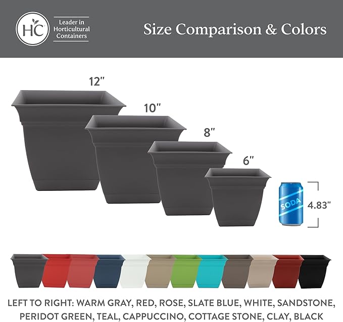 The HC Companies Eclipse Square Plastic Planter w/ Attached Saucer - Outdoor & Indoor Plant Pot with Drainage Holes - Lightweight, UV-Resistant Plastic Pots For Plants (12" Black, Pack of 1)