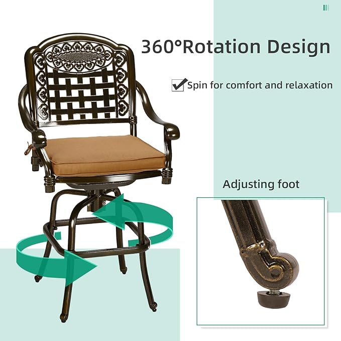 VIVIJASON 3-Piece Outdoor Swivel Bar Stools Set, All Weather Cast Aluminum Patio Bar Height Bistro Set with 2 Cushioned Bar Chairs & 38.5" High Bar Table w/Umbrella Hole for Backyard, Lawn, Garden