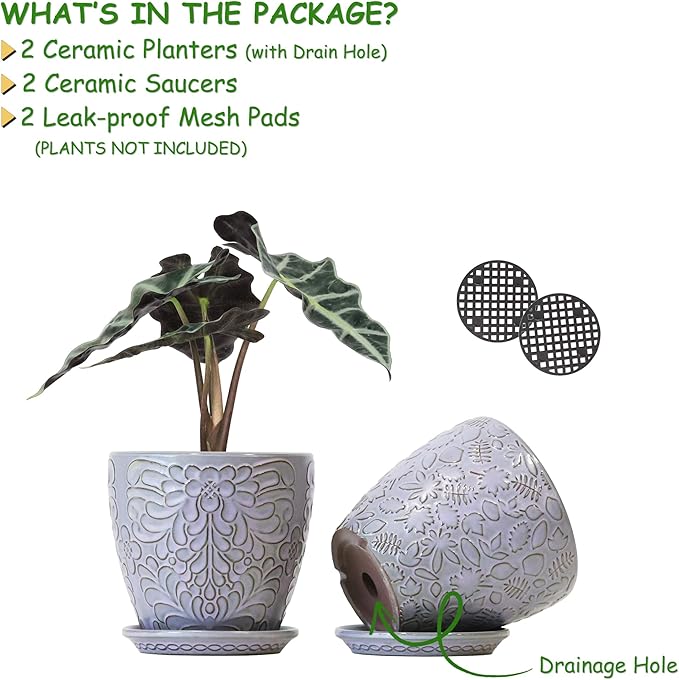 6 Inch Retro Ceramic Planter Set of 2 with Drainage Hole and Saucer for Plants, Indoor-Outdoor Garden Pots for Succulents, Orchids, and Flowers (Fits Inner Pots Up to 5 Inches, Light Blue)