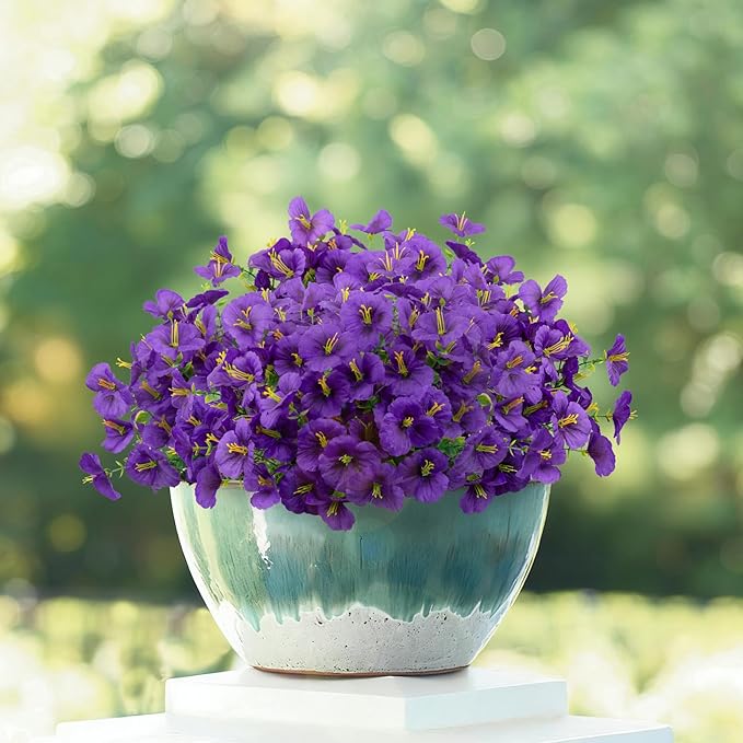 12 Bundles Artificial Pansy Flowers for Outdoor, Faux Silk Pansies Spring Flowers Outside for Planter Front Door Porch Yard Patio Window Box Home Decor (Purple)