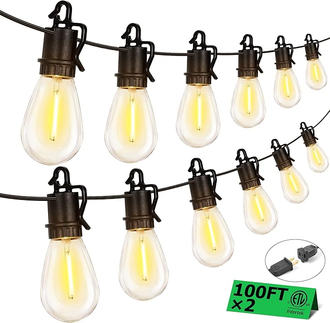 200FT Outdoor String Lights with 104 Shatterproof S14 Vintage Edison Bulbs E12 Sockets,2700K Dimmable Outdoor Lights,IP55 Waterproof LED String Lights for Outside, Patio, Garden, Backyard,Bistro