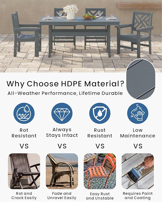 5-Piece Outdoor Dining Set, HDPE All-Weather Patio Table and Chairs Set for 4, Outdoor Patio Furniture Sets with Umbrella Hole for Outside, Deck, Backyard, Garden (Grey)