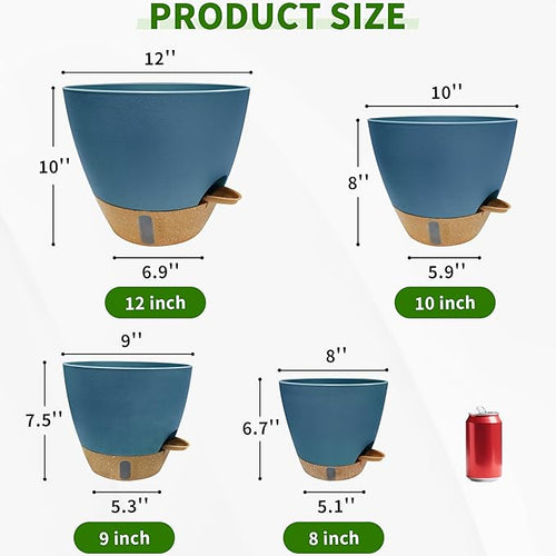 12/10/9/8 inch Self Watering Pots with Visual Water Window, Extra Large Self Watering Plant Pot with Drainage Holes and Saucers, Blue Flower Pots for Indoor Plants