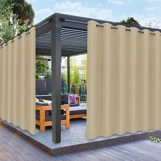 PureFit Outdoor Curtains for Patio Waterproof Weatherproof, UV Resistant Outside Curtains for Gazebo, Front Porch, Pergola, Sun Blocking Privacy Curtain, 100W x 120L inch, 1 Panel, Beige