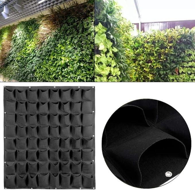 Hanging Planting Grow Bags, 64 Pockets Hanging Vertical Wall Planter Wall Mounted Grow Bag Outdoor Indoor Gardening Vertical Greening Flower Container, Planting Bags Storage Bags(1.0 m × 1.0 m, Black)