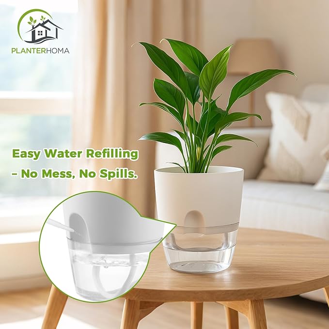 Planterhoma 8 Pack Self Watering Pots for Indoor Plants, 4 Inch Plant Pot Plastic Self Watering Planter for Orchid, African Violet, Small Clear Flower Pots with Drainage Holes and Wicking Rope, White