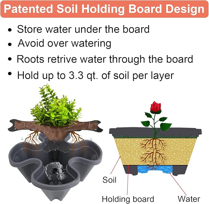 DUNCHATY Stackable Planter, Vertical Garden Planter with Wheels and Tools, Self Watering Strawberry Planter Indoor/Outdoor 3 Tier Herb Planter Pots for Growing Vegetables and Succulents, Dark Gray