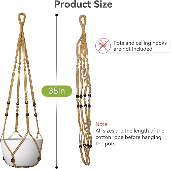 USLAI Macrame Plant Hanger Indoor Outdoor, Fits 4 to 15 Inch Pots, Strong Hanging Planter Holder, Boho Home Decor, 35 Inch, Brown (POTS NOT Included)