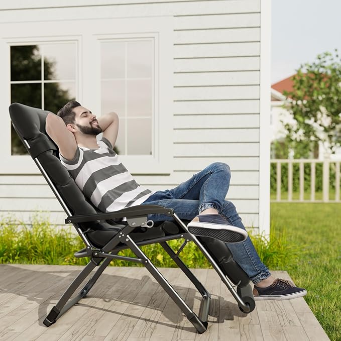 UDPATIO Oversized Zero Gravity Chair 29In XL Patio Reclining Chair with Cushion, Outdoor Folding Recliner with Pillows|Cup Holder|Foot Rest|Padded Headrest, Brown Grey, Support 500LB