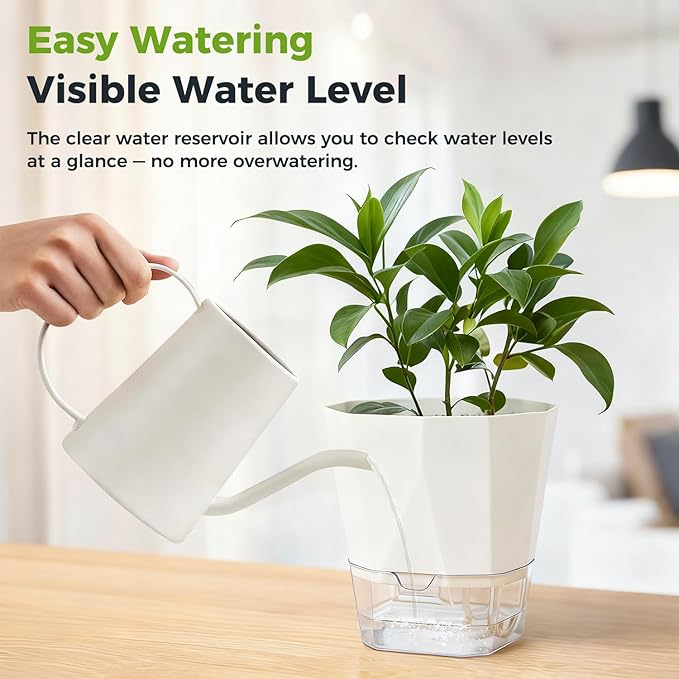 5 Pack Self Watering Plant Pots 6.7 Inches Self Watering Planters for Indoor and Outdoor Plants African Violet Self Watering Pots Clear Pots for Plants Herb Orchid Flower Houseplant Pots, White