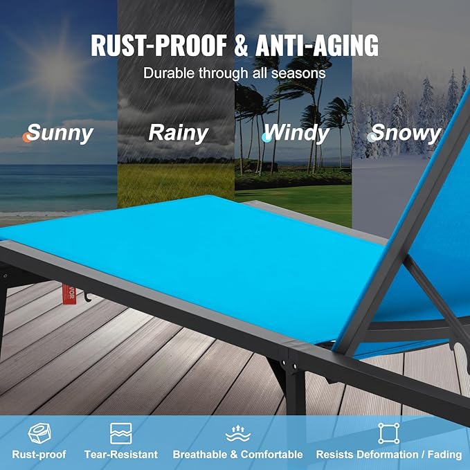 VEVOR 2 Pcs Chaise Lounge Chairs Outdoor, Aluminum Patio Lounge Chair with Adjustable 5-Position, Folding Pool Chairs Recliner and Full Flat Tanning Chair for Patio, Beach, Pool, Blue, 2 pcs