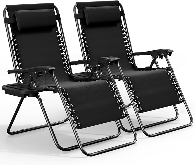 Nestl Zero Gravity Chairs Set of 2, Patio Lounge Chair Outdoor with Pillows & Cup Holder Trays, Adjustable Steel Mesh Reclining Camping Chair, Folding Patio Lawn Chair for Deck, Beach, Yard - Black