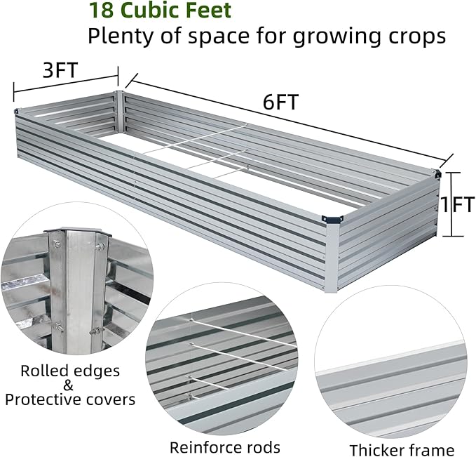 2 Pack 6x3x1FT Galvanized Raised Garden Bed Kit, Outdoor Metal Planter Box for Vegetables, Bottomless Rectangular Gardening Bed with Support Rods, Tool-Free Assembly, Silver