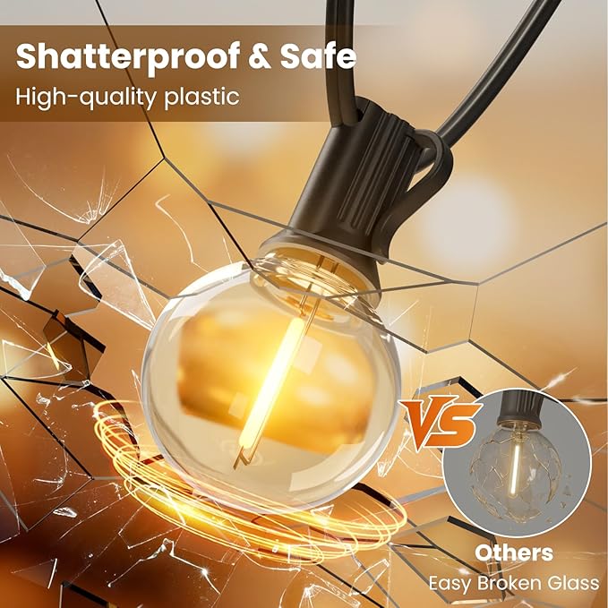 RTTY Classic Series Outdoor String Lights 50 FT Globe LED Patio Lights with G40 Plastic Bulbs,Waterproof Shatterproof Dimmable Connectable Hanging for Backyard Porch Balcony Party Cafe Deck Decor