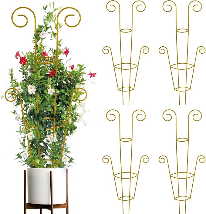 ZOUTOG Trellis for Climbing Plants Indoor 4 Pack 30 Inch,Rustproof Metal Garden Trellis for Potted Plants,Houseplant Support Indoor Outdoor for Ivy Pothos Monstera Hoya Flower Vines(Golden Round)