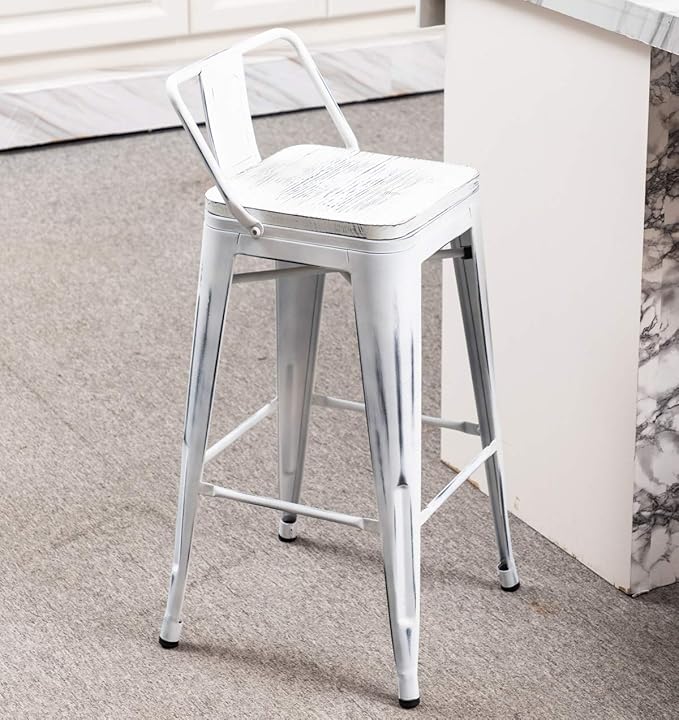 Yongchuang 26" Industrial Metal Barstools Set of 4 Counter Height Bar Stools with Back (Wood Top Low Back, Distressed White)