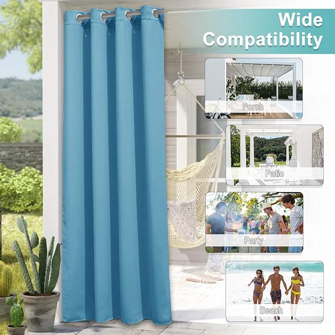 NICETOWN Outdoor Curtain for Patio Waterproof, Energy Saving Thermal Insulated Stainless Steel Grommet Sunlight Block Privacy Protect for Pool, 1 Piece, 52 Inch by 108 Inch, Teal Blue