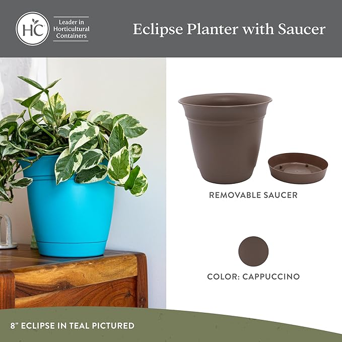 The HC Companies 10 Inch Eclipse Round Planter Pots with Drainage Holes & Attached Saucer, Lightweight UV-Resistant Plastic Indoor & Outdoor Planters, 2-Pack Flower Pots, Garden Home Decor, Cappuccino