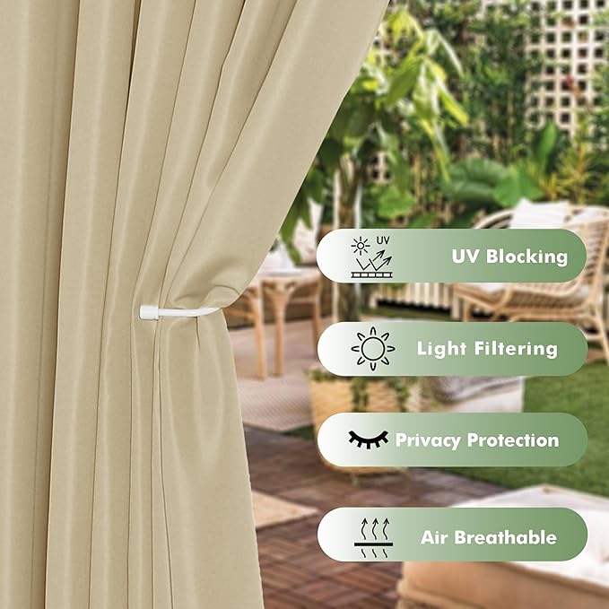 HolidayIdeas Extra Wide Outdoor Curtains for Patio Waterproof, 6 Panels - 110x95 Inches - Weatherproof Privacy Outsides Curtains for Backyard Porch Gazebo, Sunlight & UV Blocking (Cream, Grommet Top)