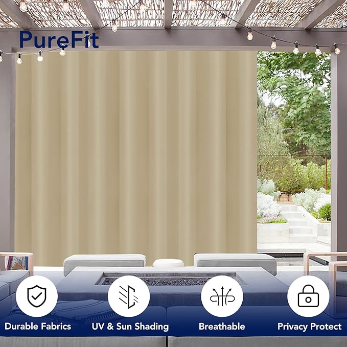 PureFit Outdoor Curtains for Patio Waterproof Weatherproof, UV Resistant Outside Curtains for Gazebo, Front Porch, Pergola, Sun Blocking Privacy Curtain, 120W x 84L inch, 1 Panel, Beige