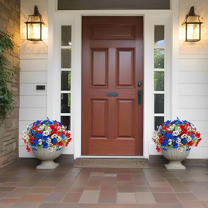 36 Pcs Artificial Fake Pansy Flowers for Outdoor, UV Resistant Faux Silk Pansies Patriotic Flowers for Outside for Planter Front Door Porch Patio Window 4th of July Home Decor(36, Red, White, Blue)