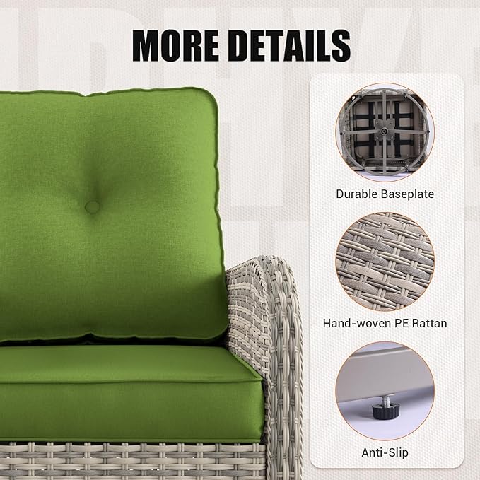 11-Piece Outdoor Patio Furniture Set with Rocking Swivel Chair Wicker Sectional Sofa Set, Patio Conversation Set with Ottomans & Coffee Table for Garden, Backyard, Avocado Green