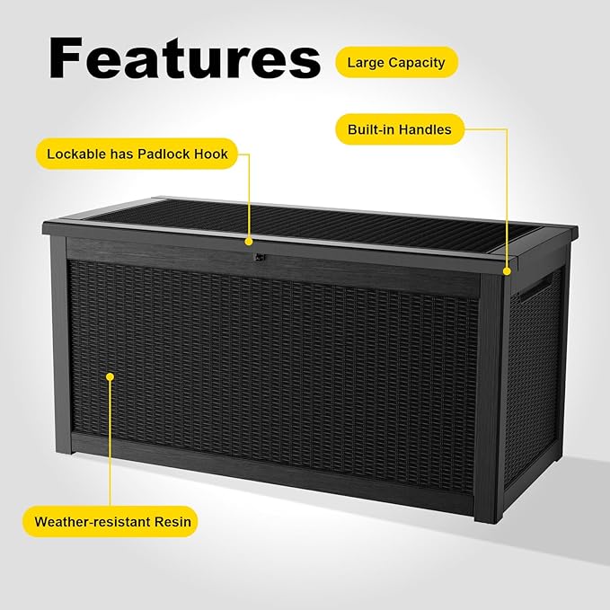 320 Gallon Resin Deck Box, Lockable Weatherproof Outdoor Storage Box for Furniture, Garden Tools and Tools Storage, Waterproof Outside Storage Boxes - Black
