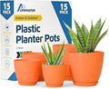 Yellow Plant Pots with Drainage Holes & Saucers 15 Pack, Indoor & Outdoor Stackable Space-Saving Planters for Houseplants & Flowers, (7", 6.7", 6", 5.3", and 4.8" Inches), Durable & Weatherproof