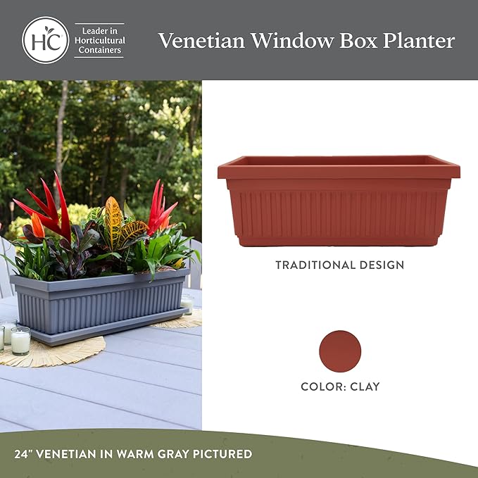 The HC Companies Venetian Windowr Planter Box w/Drain Plug - Long Planter Box for Windowsills, Balconies & More - Plastic Large Rectangular Outdoor Planters for Herbs & Flowers (30" Clay, Pack of 1)