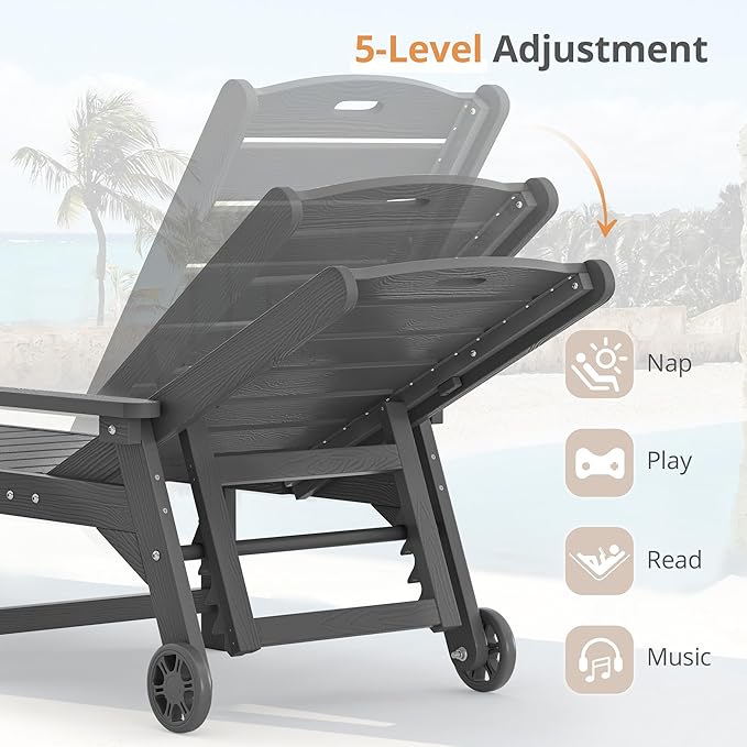 LUE BONA Chaise Lounge Chair with Table, 6-Piece, HDPS Chaise Lounger, 5 Positions Adjustable Lounge Chairs, Pool Lounge Chair with Wheels for Poolside, Backyard, Dark Gray