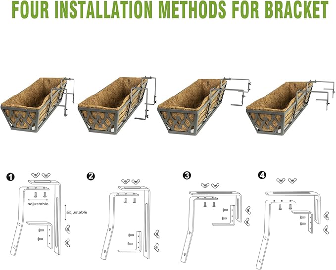 4 Pack 24 Inch Window Boxes Planters Railing Planter Box with Adjustable Brackets for Porch Fence Patio Balcony Hanging Flower Baskets with Coco Liners for Outdoor Garden Decor - Dark Grey