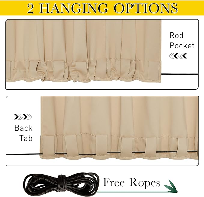NICETOWN 2 Panels Outdoor Curtains for Patio Waterproof & Windproof, Grommet & Back Tab on Top & Bottom Weighted Drapes Keep Sun/Rain Out with Bouns Rope for Deck, Biscotti Beige, W52 x L108
