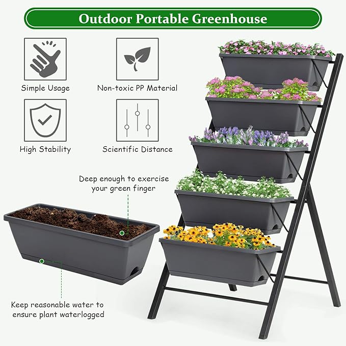 Giantex Set of 2 Vertical Raised Garden Bed, Elevated Planter Raised Beds with Water Drainage, Freestanding 5 Container Boxes for Vegetables and Flowers Growing, Outdoor Indoor Patio Balcony