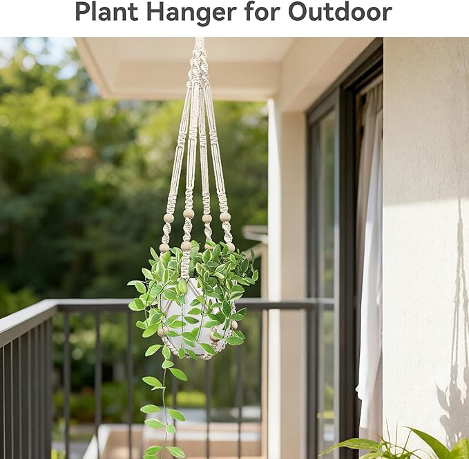 USLAI Macrame Plant Hanger Indoor Outdoor, Fits 4 to 15 Inch Pots, Strong Hanging Planter Holder, Boho Home Decor, 35 Inch, Ivory, Set of 3 (POTS NOT Included)