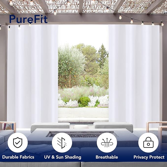 PureFit Outdoor Curtains for Patio Waterproof Weatherproof, UV Resistant Outside Curtains for Gazebo, Front Porch, Pergola, Sun Blocking Privacy Curtain, 52W x 120L inch, Set of 2, White