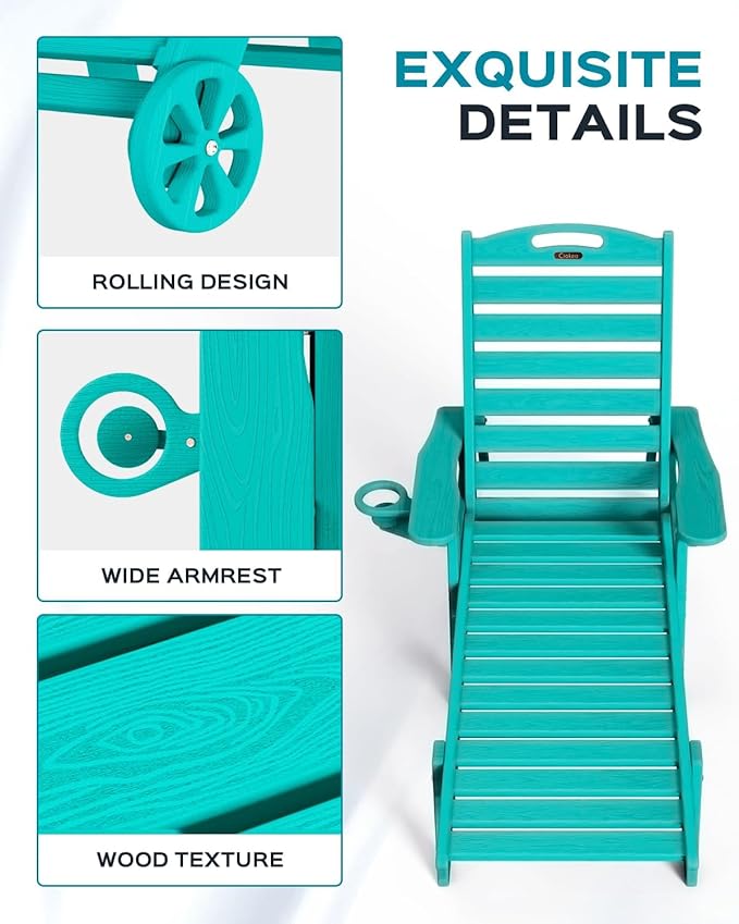 Outdoor Chaise Lounge Chair Set of 2, Patio Lounge Chairs for Outside, HDPE Lounge Chair with Wheels & Cup Holder, Poly Chair with 5 Position for Poolside, Deck, Lake Blue