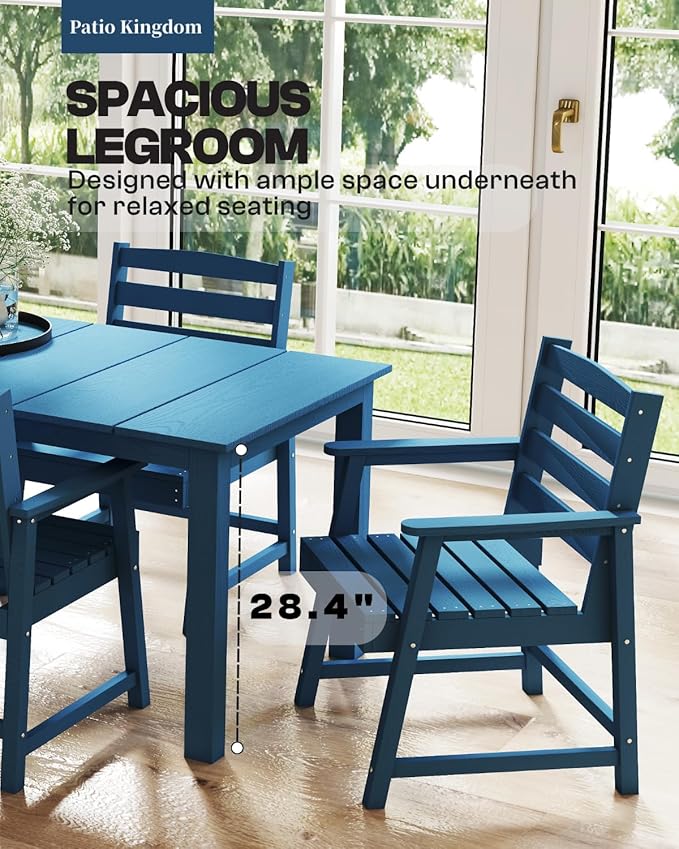 7-Piece Navy Blue Outdoor Dining Set for 6, 75.2'' HDPE Table with Umbrella Hole & Chairs, Weather-Resistant Patio Furniture for Garden, Lawn, or Poolside