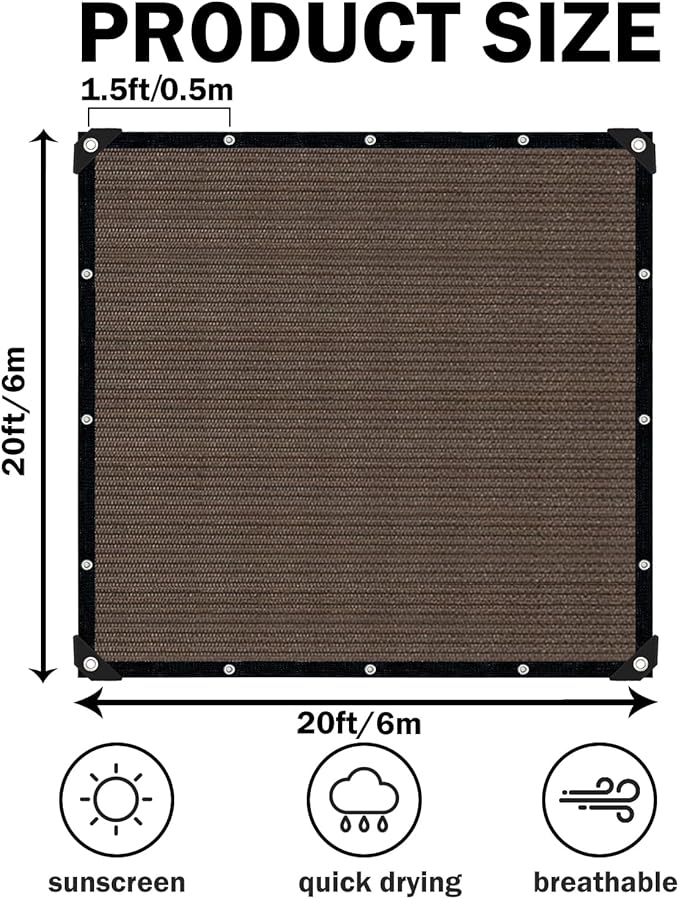 Sun Shade Cloth with Grommets,90% UV Protection Shade Fabric,Pergola Shade Cover Canopy Fence Privacy Screen Balcony,Brown Sunshades for Patio Pergola Garden Backyard Outdoor,Mocha-20x20FT