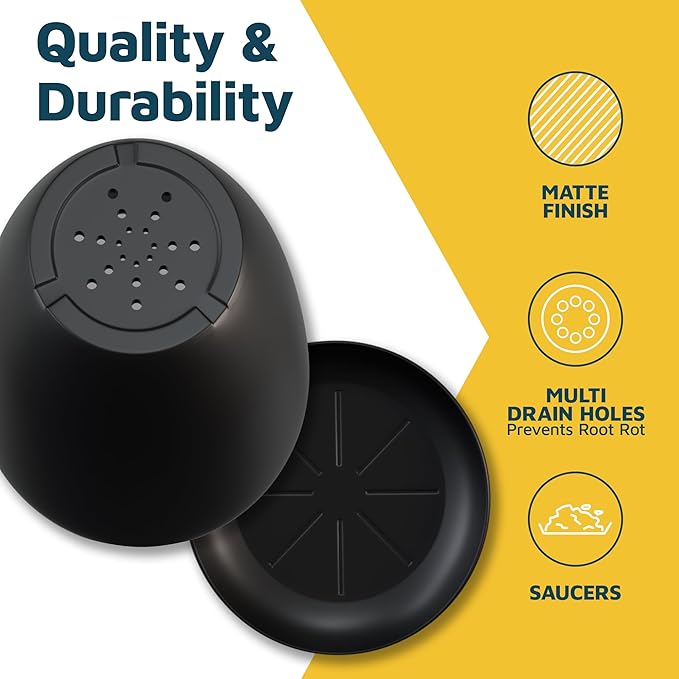 Black Plant Pots with Drainage Holes & Saucers 3 Pack, Indoor & Outdoor Stackable Space-Saving Planters for Houseplants & Flowers, (7", 6.7", and 6" Inches), Durable & Weatherproof Materials